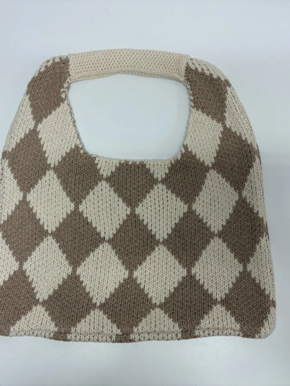 KOPARI Limited Edition Checkered Knit Tan Cream Tote Bag - NEW Without Tag.